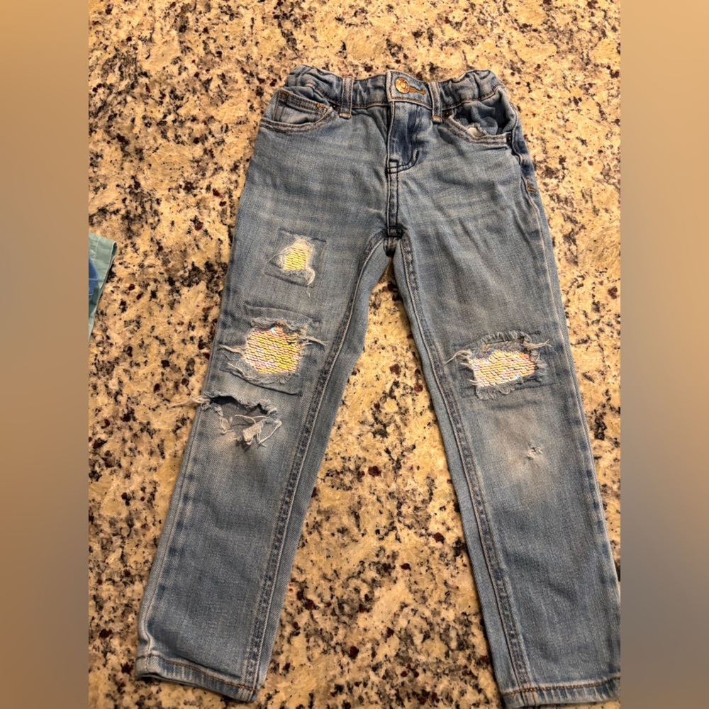 Cat and Jack mermaid sequin skinny blue jeans size 4 stretch